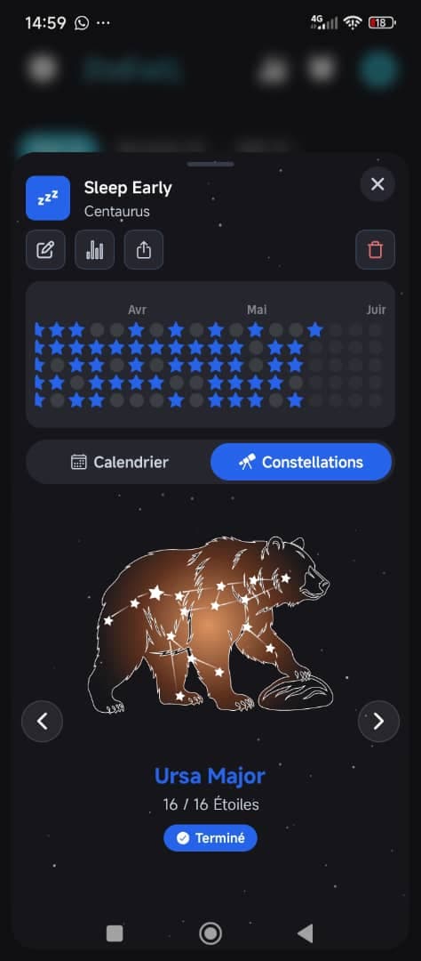 Ursa Major constellation fully unlocked, showing 16 of 16 stars earned