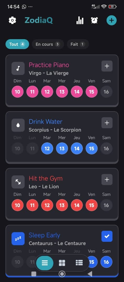 ZodiaQ home screen showing four habits and their weekly progress