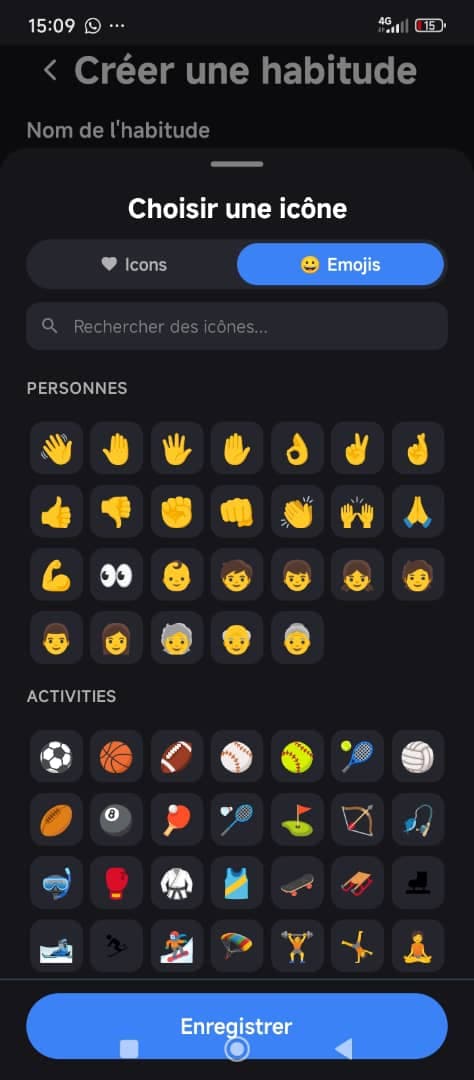 Icon picker showing emoji and icon sets grouped by category