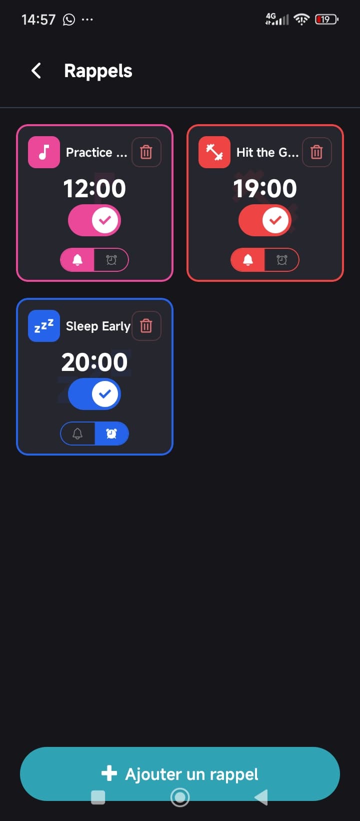 Reminders screen with three habits, each set to a notification or an alarm